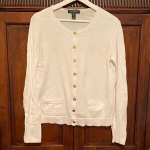 Ralph Lauren 100% cotton fine knit cardigan gold signature buttons pockets Med